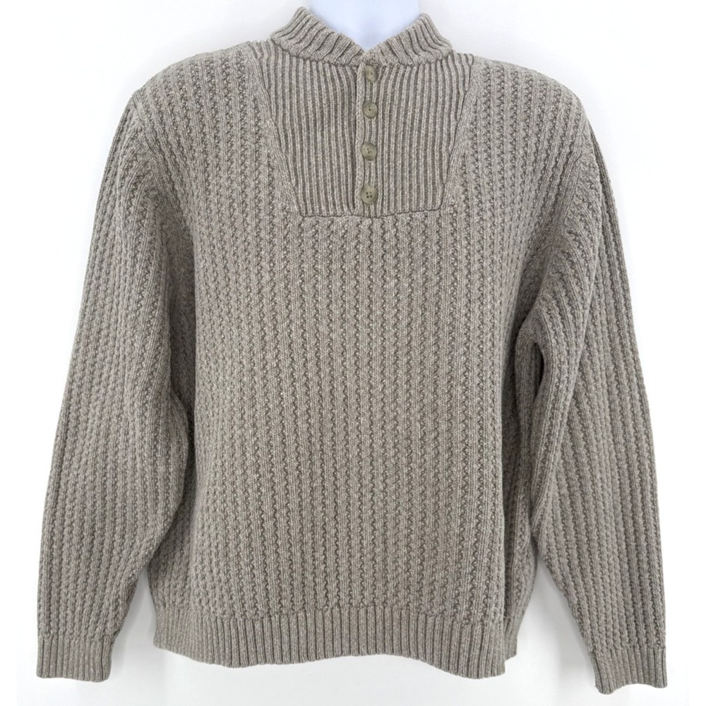 Eddie Bauer Sweater Men XL Cotton Henley Knit Gray Vintage Hong Kong Y2K